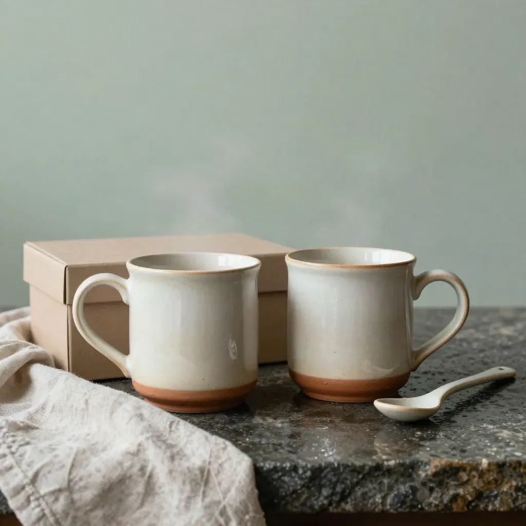 Pair of glazed stoneware mugs with gift box, linen napkin and spoon rest on rain-washed stone.