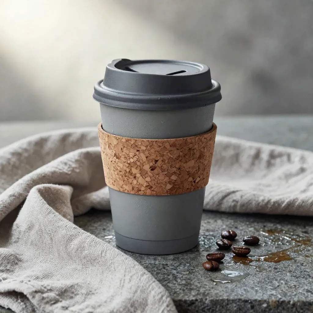 Reusable coffee cup with cork sleeve on wet stone beside linen and coffee beans.