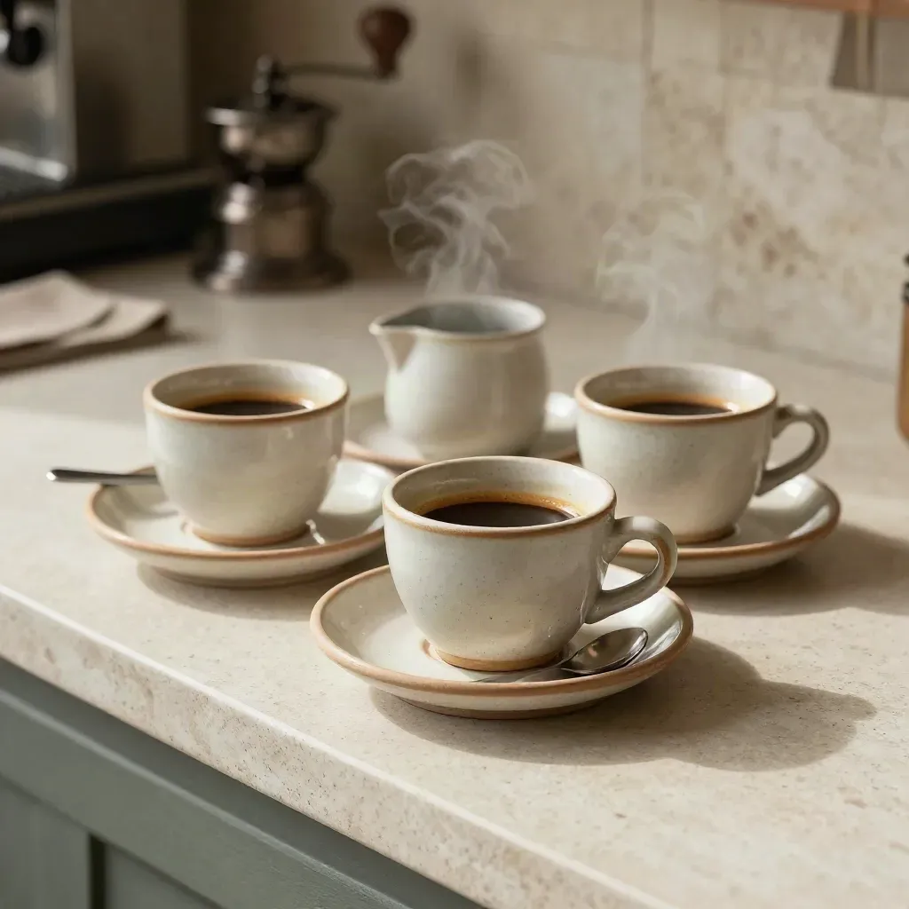 Macro of stoneware espresso cups, saucers, tiny jug and spoon with steam on a plaster shelf.
