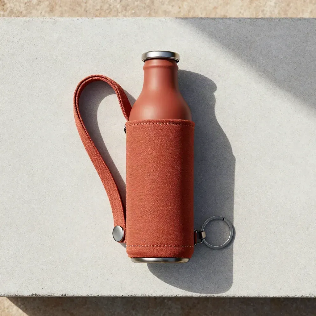 Overhead flatlay of a terracotta bottle carry sleeve with bottle, strap loop and key ring on stone.