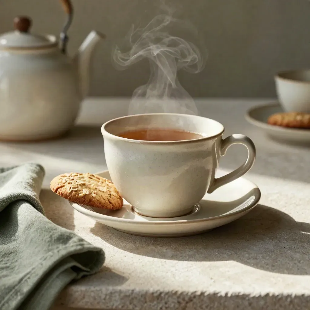 Oval tea mug with saucer, biscuit and sage napkin on pale stone, softly steaming.