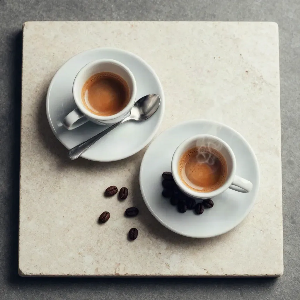 Overhead flatlay of two mini espresso cups, saucers, spoon, beans, and steam on travertine.