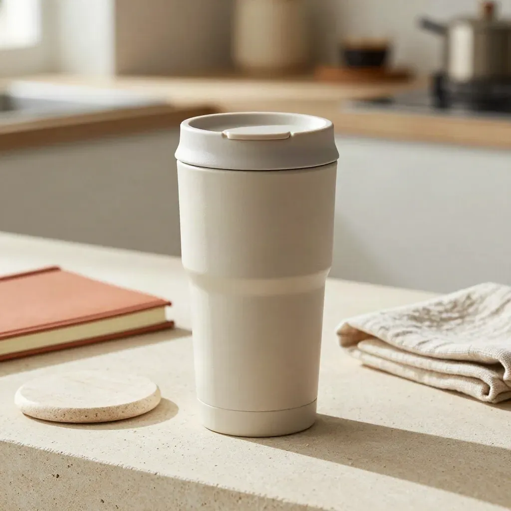Stone coffee tumbler with lid beside a coaster and closed notebook on a pale work surface