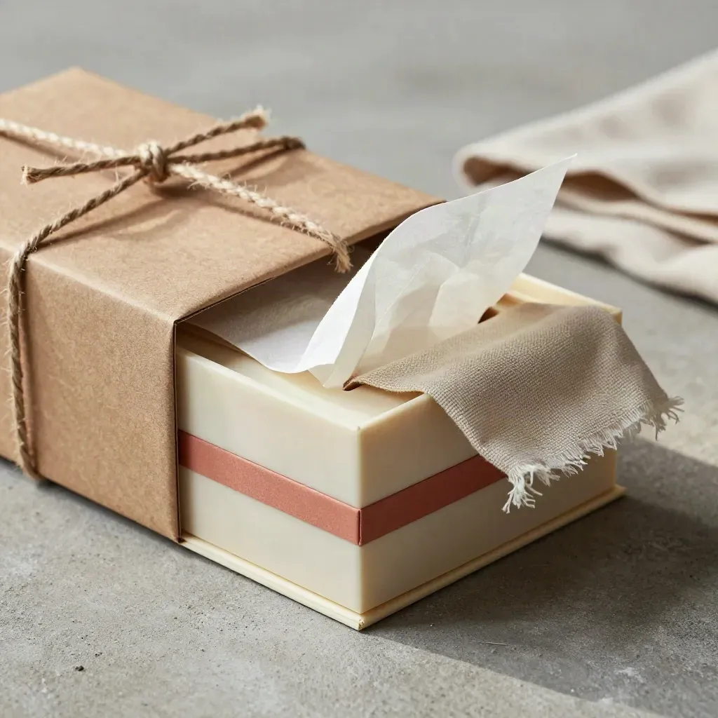 Gift box with tissue, twine and folded cloth on concrete, seen in close macro light.