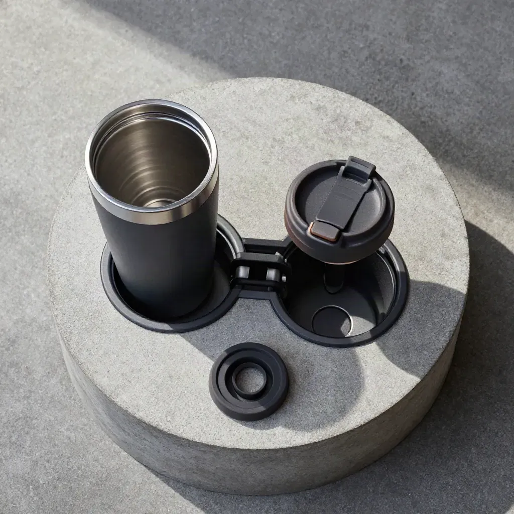 Top-down car cup holder insert with nested tumbler and dark trim pieces on graphite concrete.