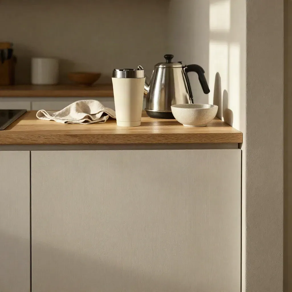 Pale oak kitchen nook with a reusable cup and kettle, sunlit and calm with open copy space below.