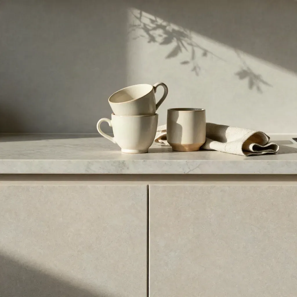 Ceramic mugs on a marble counter with a glazed backsplash and soft sage plant silhouette.